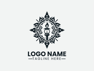 ornate diya lamp within decorative square frame. Cultural logo