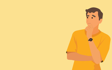 A young  man in a yellow shirt stands thoughtfully with his hand on his chin and arms crossed, against a solid yellow background. vector
