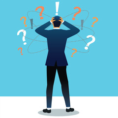 Pensive man standing and making business decision. Cartoon businessman choosing work strategy for success. Questions dilemma and options confusion concept .vector illustration.