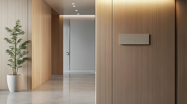 Name plate design mockup handing on door, 3d render. Door sign mock up template on entry in cabinet. Office hall interior with nameplate on door 