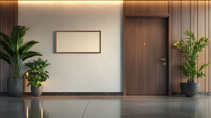 Name plate design mockup handing on door, 3d render. Door sign mock up template on entry in cabinet. Office hall interior with nameplate on door 