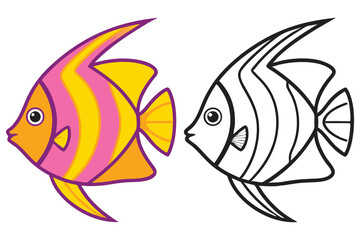 Colorful Fish Illustration and Coloring Page for Kids Featuring a Pink and Yellow Angelfish