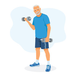 Senior man lifting weights dumbbell during gym workout. vector