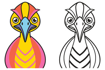 Colorful and Line Art Illustration of a Cute Cartoon Cassowary Bird