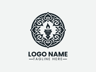 ornate diya lamp within decorative square frame. Cultural logo