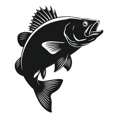 A dynamic and minimalist vector silhouette of a jumping fish, captured in mid-air against a clean white background. The illustration emphasizes the fluid motion of the fish, showcasing its graceful