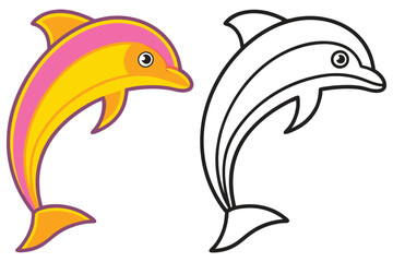 Adorable Cartoon Dolphin Illustration with Coloring Page Option Shows a playful yellow and pink dolphin leaping from the water alongside a black and white outline for coloring