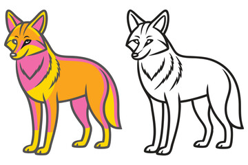 A Colorful Coyote and Its Line Art Version for Coloring Pages Illustration