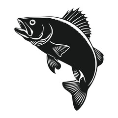 A dynamic and minimalist vector silhouette of a jumping fish, captured in mid-air against a clean white background. The illustration emphasizes the fluid motion of the fish, showcasing its graceful