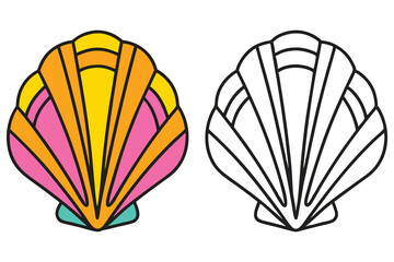 Colorful Shell and Outline Shell Illustration for Coloring Book Page Design