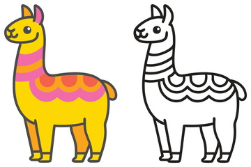 Adorable Llama Illustration Colorful and Black and White Versions for Kids Coloring Pages Cute Animal Design