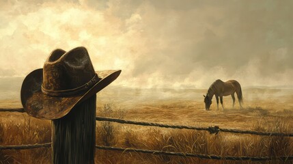 Cowboy hat on fence post, horse grazing in misty field, sunset. Western landscape, stock photo