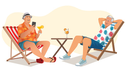 Two Elderly man tourist sitting  on deck chair at the beach and relaxing.  vector