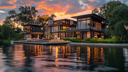 Obraz premium Modern lake house at sunset, waterfront property, golden hour