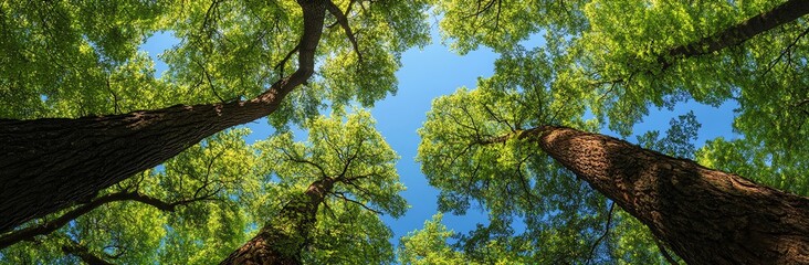 Fototapeta premium Looking Up at Tall Trees with Green Leaves Against Blue Sky