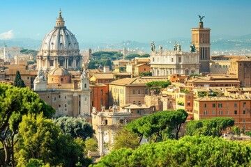 Obraz premium Scenic view of Rome showcasing historic architecture and lush greenery under a clear sky