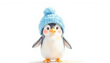 Fototapeta premium Adorable Penguin in a Blue Knit Hat: Watercolor Winter Charm