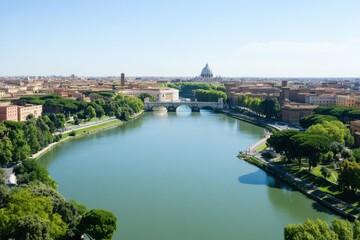 Aerial view of the Tiber River flowing through Rome, showcasing bridges, greenery, and St. Peter's Basilica