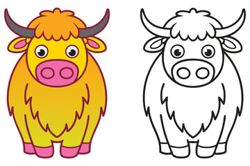 Adorable Cartoon Yak Coloring Page Illustration Featuring a Cute Yellow Yak and a Black and White Outline Version for Kids