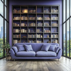 Luxurious room features a bookshelf sofa and city view