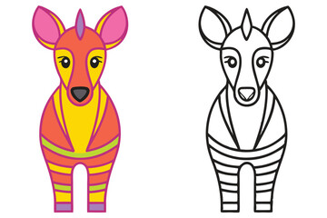 Adorable Cartoon Okapi Coloring Page Illustration for Kids Featuring a Vibrant Colored Version and a Black and White Outline