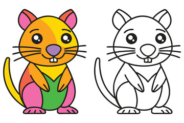 Adorable Cartoon Hamster Coloring Page Illustration Featuring a Cute Colorful Hamster and a Black and White Outline Version for Kids