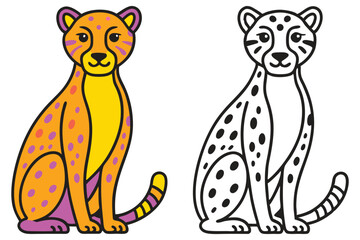 Adorable Cheetah Coloring Page Illustration for Kids Featuring a Vibrant Orange and Pink Cheetah and a Black and White Outline Version