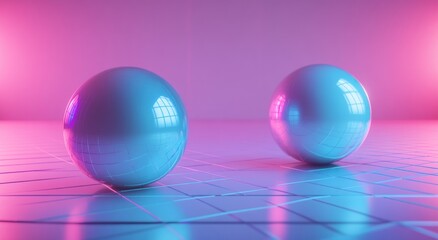 Obraz premium Two reflective spheres are resting on a tiled reflective surface