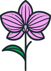 A striking digital illustration of an orchid flower with bold black outlines and soft lavender petals. The intricate details on the petals create a sense of depth and elegance, while the single green 