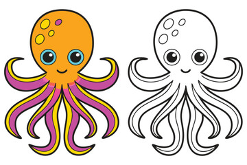 Adorable Cartoon Octopus Coloring Page Illustration Featuring a Cute Orange and Pink Octopus and its Black and White Outline