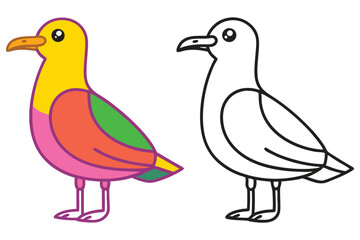 Colorful Bird Illustration and Coloring Page Design for Kids Learning Activity