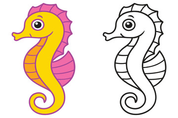 Adorable Cartoon Seahorse Illustration Color and Outline Version for Kids Coloring Book Pages ©  Design_ mn