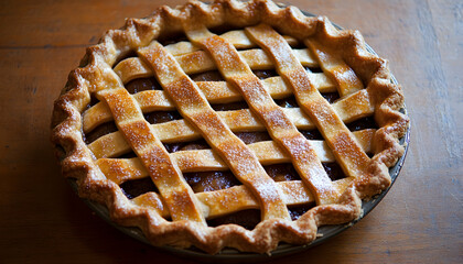 Delicious homemade apple pie with a golden-brown lattice crust, freshly baked and ready to serve. Perfect for Thanksgiving or any special occasion.