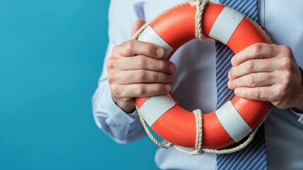 person holds life buoy as symbol of support and safety in challenging situations