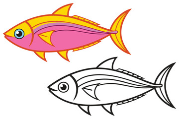 Colorful Cartoon Fish Illustration with a Line Art Version A Fun Image for Kids and Coloring Pages
