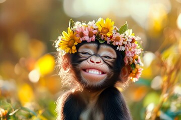 Summer happiness. Cute baby animal hanuman langur wearing fierce flower wreath on its head. Sunny daylight. Floral charm in the wilderness. Summer warmth on a wild animal.