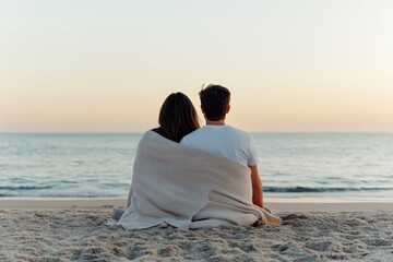 Romantic Couple Embracing on a Beach at Sunset Wrapped in a Cozy Blanket