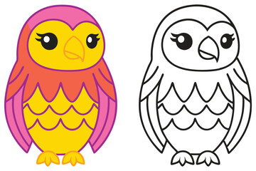 Adorable Cartoon Owl Coloring Page Illustration Two Versions Pink Yellow and Black White