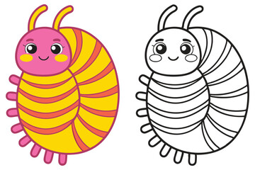 Adorable Cartoon Millipede Coloring Page Illustration for Kids featuring a Pink and Yellow Insect