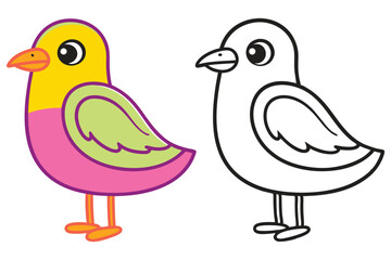Adorable Cartoon Bird Coloring Page Illustration Featuring a Colorful Bird and a Black and White Outline Version for Kids