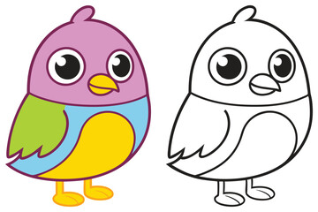 Adorable Cartoon Bird Illustration Colorful and Black and White Version for Kids Coloring Book Pages
