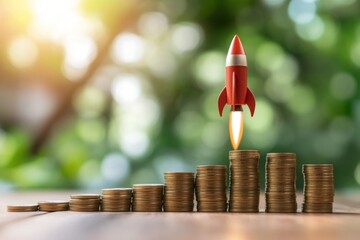A financial metaphor illustration showing a rocket taking off from a stack of coins, symbolizing exponential business growth.