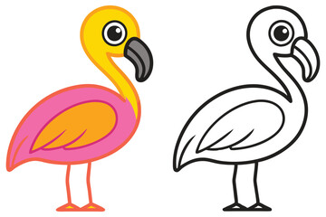 Cute Flamingo Illustration Coloring Page Pink Yellow Bird Tropical Animal Cartoon Drawing