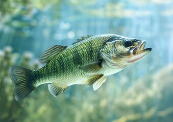 Fototapeta premium Largemouth bass swimming underwater in clear, sunlit water.