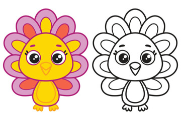 Adorable Cartoon Turkey Coloring Page Illustration Featuring a Cute Baby Turkey with Big Eyes and Colorful Feathers