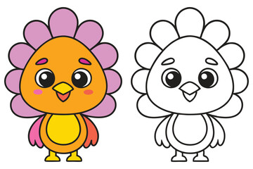 Adorable Cartoon Bird Character Coloring Page Illustration Featuring a Cute Flower Bird Design Perfect for Kids Activities and Educational Materials