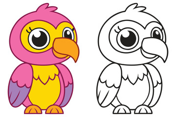 Adorable Cartoon Parrot Illustration with Coloring Page a Cute Pink and Yellow Bird with Big Eyes Perfect for Kids Books Websites and Educational Materials