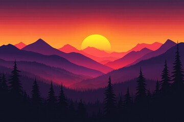 Majestic mountain sunset with trees forming silhouettes in landscape view