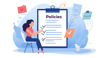 Policy documentation and compliance concept. A person reviews digital document labeled "Policies" with icons, checklists, certifications, and financial detail. policy management, regulatory compliance