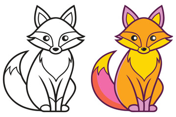 Adorable Fox Coloring Page Illustration Featuring a Cute Sitting Fox in Black and White and Vibrant Orange Pink